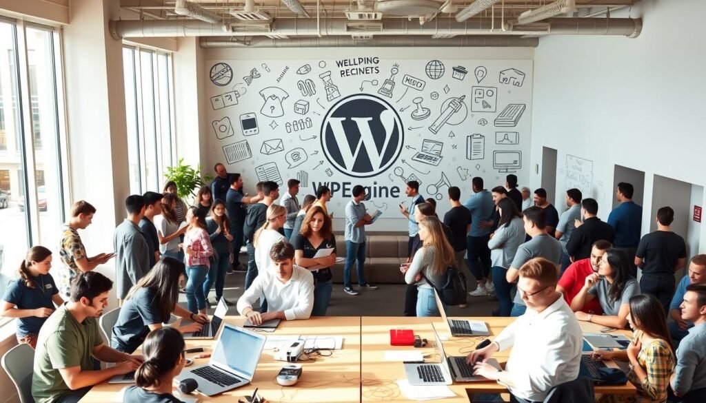 A bustling community of WordPress enthusiasts gather in a modern, light-filled co-working space. In the foreground, a diverse group of developers, designers, and content creators collaborate at standing desks, their laptops and notepads spread out. The middle ground showcases a central seating area where animated discussions take place, ideas being shared and sketched on whiteboards. In the background, a large mural depicts the WordPress logo, surrounded by intricate illustrations of plugins, themes, and other WordPress ecosystem elements. Warm, natural lighting filters in through tall windows, creating a productive, yet inviting atmosphere that exemplifies WP Engine's commitment to fostering the WordPress community.