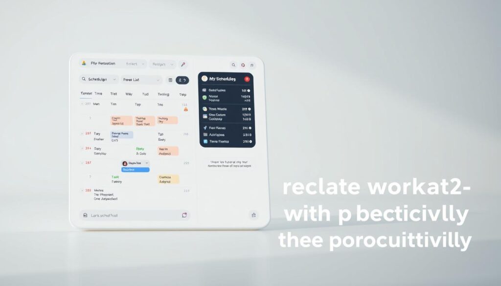 A clean, modern scheduling tool interface with a minimalist design, showcasing a calendar view, task list, and time management features. The layout is balanced, with a light, airy color palette accented by soft gradients. The UI elements are intuitive and responsive, creating an efficient workflow for users. The tool is depicted in a 3D perspective, with a subtle depth of field effect adding depth and dimension. The overall atmosphere is professional, productive, and streamlined, reflecting the value proposition of reclaiming workflow with AI-powered productivity.