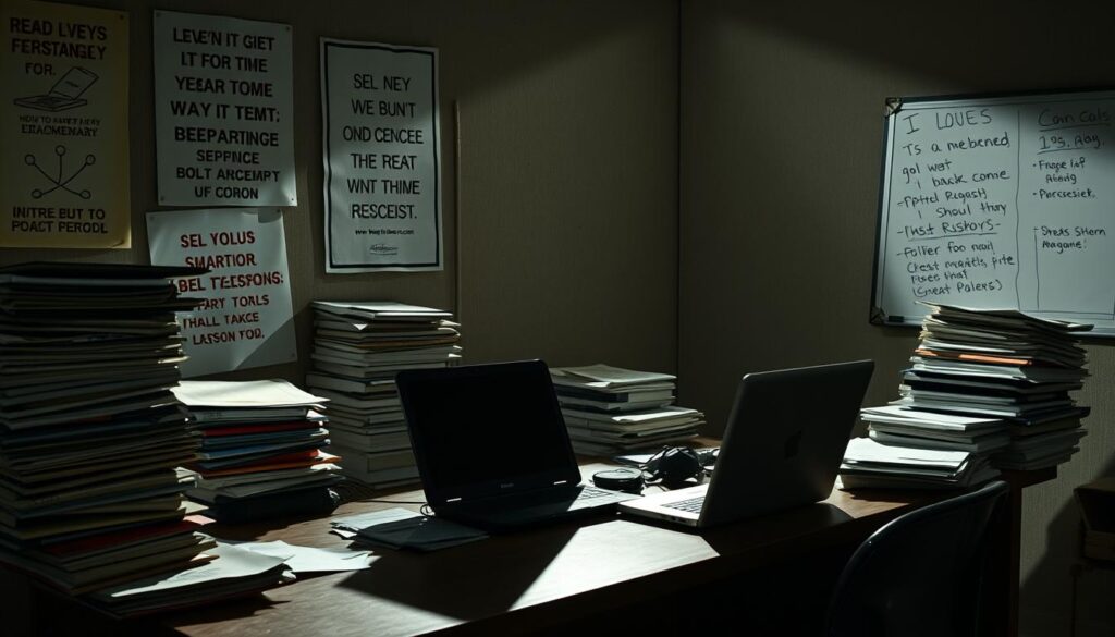 A dimly lit office space, with a worn-out desk and a malfunctioning laptop. Stacks of outdated study materials clutter the surface, casting long shadows across the room. The walls are adorned with generic motivational posters, their messages fading into the background. In the corner, a neglected whiteboard serves as a reminder of abandoned lesson plans. The overall atmosphere conveys a sense of frustration and the struggle to keep up with the demands of test preparation. The lighting is harsh, creating harsh shadows and highlighting the disorganized, cluttered environment, symbolizing the cons of relying on Magoosh's services.