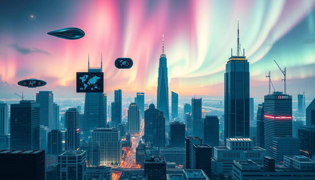 A dynamic cityscape against a vibrant futuristic backdrop, showcasing a diverse range of digital solutions across industries. In the foreground, sleek and innovative technology devices, interfaces, and platforms hover above the bustling urban landscape. In the middle ground, towering skyscrapers equipped with intelligent systems, renewable energy sources, and advanced communication networks. In the distance, a mesmerizing aurora borealis illuminates the sky, creating an awe-inspiring atmosphere of technological progress and innovation. Crisp lighting, a cinematic wide-angle lens, and a bold, contemporary color palette convey a sense of boundless potential and seamless integration of digital solutions in the modern world.
