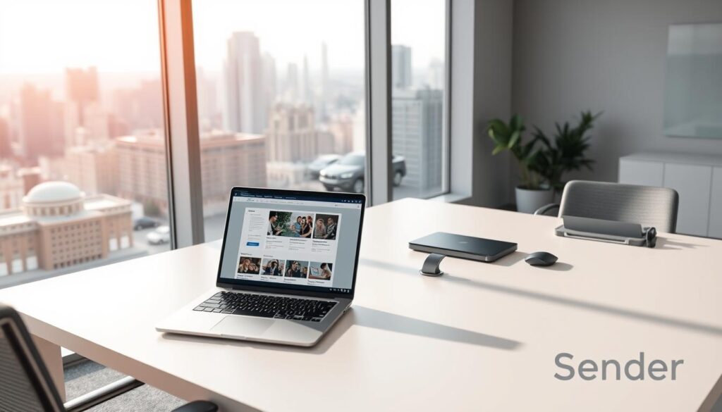 A modern office interior with a clean, minimalist aesthetic. Prominently displayed on the desk, a sleek laptop and array of digital devices, representing the essential tools of the email marketing trade. The background features a large window overlooking a bustling city skyline, allowing natural light to flood the space and create a sense of energy and productivity. Subtle hints of the "Sender" branding subtly incorporated into the design elements, such as a stylized "S" motif or a muted color palette. The overall composition conveys a professional, efficient, and technology-forward impression, reflecting the key features of the email marketing software.