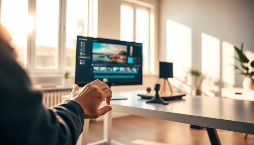A serene, sunlit home office with a minimalist desk and a high-quality video editing workstation. In the foreground, a person's hands effortlessly navigate a sleek, intuitive video editing interface on a large, high-resolution display. The background features warm, natural lighting filtering through large windows, creating a calming, productive atmosphere. The scene conveys a sense of ease and flow, highlighting how Invideo's video editing tools seamlessly integrate with the user's creative process.