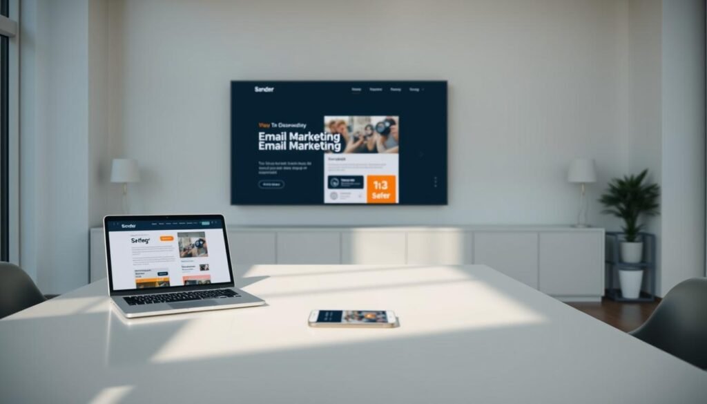 A sleek, minimalist office setting with a laptop, tablet, and smartphone prominently displayed on a clean, modern desk. The lighting is soft and natural, casting a warm glow over the scene. In the background, a large display screen showcases a visually engaging email marketing strategy, with clean typography, interactive graphics, and eye-catching imagery. The overall atmosphere exudes a sense of professionalism, efficiency, and innovation, perfectly capturing the essence of the "Sender: Efficient Email Marketing Made Simple & Effective" article and the "How Sender Enhances Your Marketing Strategy" section.