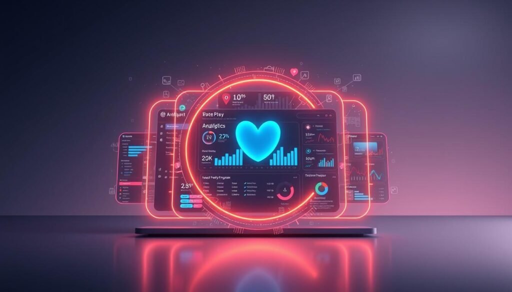 A sleek, modern digital platform with a vibrant, user-friendly interface. The foreground features a stylized loyalty program logo, surrounded by a glowing, holographic interface with pulsing data visualizations. The middle ground showcases a variety of dynamic, interactive widgets and dashboard elements, demonstrating the platform's detailed analytics and customer engagement tools. The background is a minimalist, gradient-based environment, with subtle hints of futuristic technology like floating UI elements and subtle lighting effects, creating an immersive, high-tech atmosphere.