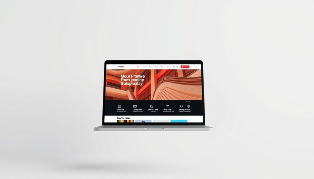 A sleek, modern website builder interface floating against a clean, minimalist background. In the foreground, a laptop screen displays a visually stunning website design with crisp typography, vibrant imagery, and intuitive navigation. In the midground, various website builder tools and icons are neatly arranged, suggesting the ease and versatility of the platform. The background features a subtle gradient, creating a sense of depth and emphasizing the digital nature of the scene. The overall composition conveys the power and simplicity of a comprehensive website building solution for creative professionals and businesses.
