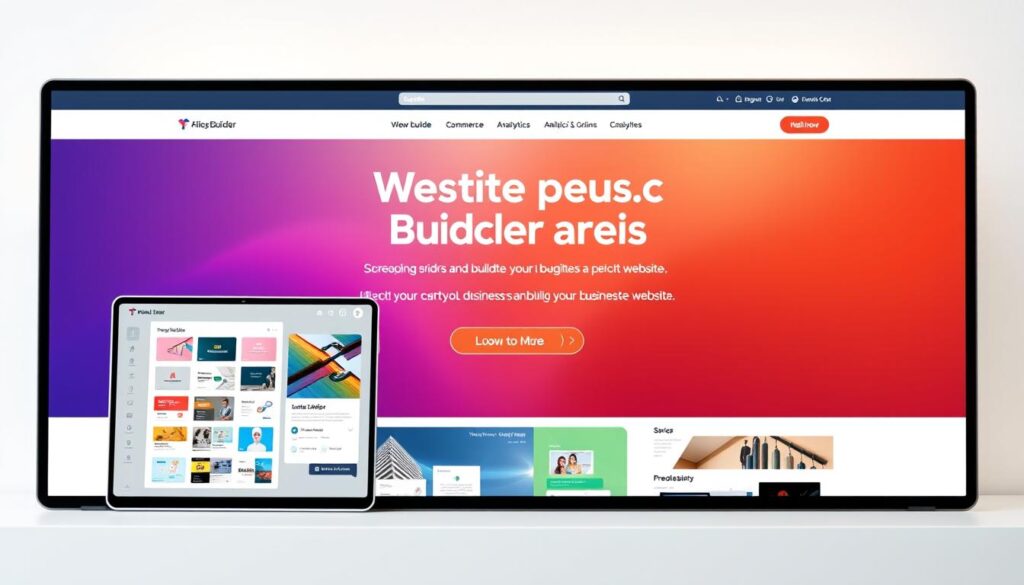 A sleek, modern website builder interface with a clean, intuitive design. The foreground showcases the website editor, featuring a responsive grid layout, drag-and-drop functionality, and a variety of customizable design elements. The middle ground highlights the platform's user-friendly features, including e-commerce integration, SEO optimization, and analytics dashboards. The background presents a vibrant, professional-looking website preview, reflecting the builder's ability to create visually stunning online presences. The overall scene conveys a sense of empowerment, efficiency, and the seamless process of building a business website.
