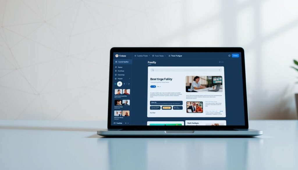 A sleek, modern website interface with clean lines and minimalist design elements. In the foreground, a visually appealing dashboard showcases the AI-powered website builder's key features, such as drag-and-drop editing, customizable templates, and real-time previews. The middle ground depicts a laptop screen displaying a partially constructed webpage, highlighting the intuitive user experience. The background features a subtle geometric pattern, conveying a sense of technology and innovation. The lighting is soft and diffused, creating a warm, inviting atmosphere that reflects the effortless nature of the AI-powered website builder.