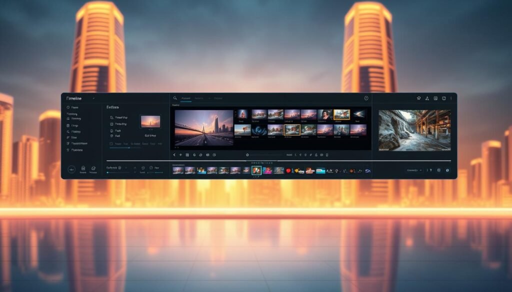 A sophisticated AI video editing tool, meticulously crafted with a sleek, minimalist interface. The foreground showcases a powerful timeline editor, with intuitive controls for trimming, cropping, and layering multimedia assets. In the middle ground, an array of innovative filters, transitions, and effects are displayed, allowing for seamless video production. The background features a serene, futuristic cityscape, bathed in a warm, ethereal lighting that evokes a sense of technological advancement and creative inspiration. The overall composition conveys the tool's advanced capabilities, user-friendly design, and the synergy between human creativity and artificial intelligence.