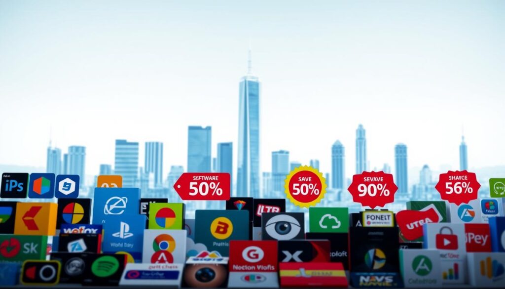 A vibrant digital marketplace showcasing an array of software deals and discounts. In the foreground, various software logos and icons are displayed against a clean, minimalist background. In the middle ground, colorful discount badges and promotional tags highlight the savings available. The background features a sleek, futuristic cityscape with skyscrapers and tech-inspired elements, conveying a sense of innovation and opportunity. The lighting is soft, with a cool, tech-savvy tone, emphasizing the digital nature of the scene. The overall composition suggests a comprehensive, user-friendly platform for discovering the best software deals online.
