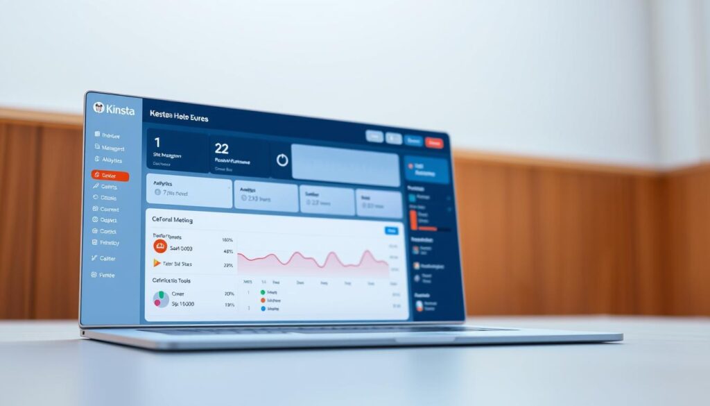A well-lit, three-dimensional dashboard interface for Kinsta's premium managed WordPress hosting platform. The foreground showcases a sleek, intuitive control panel with clearly labelled sections for site management, analytics, and optimization tools. The middle ground features a large, responsive graph displaying real-time performance metrics, while the background gently blurs to reveal a warm, minimalist color palette. The lighting is soft and natural, creating a sense of professionalism and ease of use. The overall composition conveys a streamlined, user-friendly experience that empowers WordPress site owners to effortlessly monitor and maintain their online presence.