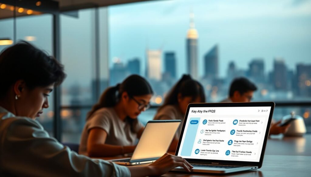 A beautifully detailed and visually striking image of "الأسئلة الشائعة حول GetSmarter". The foreground features a minimalist, clean design with a sleek, modern interface showcasing key FAQs about the online learning platform. The middle ground depicts students of diverse backgrounds engaged in online courses, their faces illuminated by the soft glow of laptop screens. The background offers a serene, blurred cityscape, symbolizing the global reach and accessibility of GetSmarter's digital education. Warm, directional lighting casts subtle shadows, creating depth and a sense of professionalism. The overall mood is one of informative clarity, technological innovation, and a commitment to empowering learners worldwide.