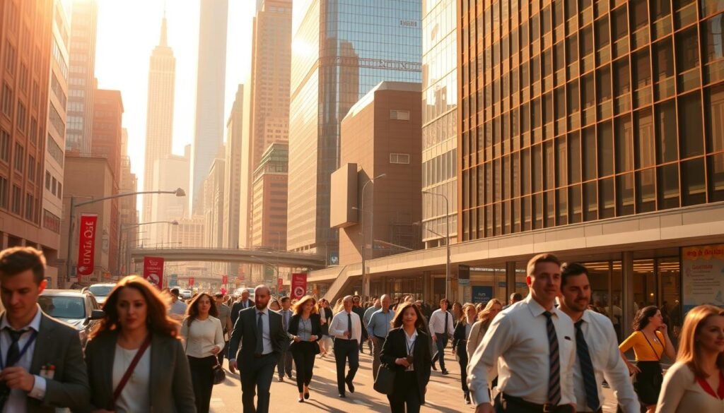 A bustling American job market, captured in a vibrant urban setting. In the foreground, professionals hurry through the streets, their business attire reflecting the fast-paced atmosphere. Towering skyscrapers loom in the middle ground, their glass facades glimmering under the warm afternoon sun. In the background, a network of roads and transportation hubs connects this thriving economic center, conveying a sense of endless opportunity and growth. The scene is bathed in a warm, golden light, suggesting the prosperity and dynamism of the American workforce. The overall composition evokes a sense of ambition, productivity, and the endless possibilities offered by Udacity's technological education platform.