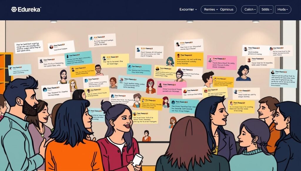 A bustling online learning platform, Edureka, with users sharing their experiences and opinions in the form of vibrant, hand-drawn illustrations. In the foreground, a diverse group of students, lecturers, and professionals engaged in lively discussions, their facial expressions and body language conveying a range of emotions - from excitement and satisfaction to thoughtful contemplation. The middle ground features a collage of colorful user reviews, testimonials, and ratings, showcasing the platform's impact on their educational and professional journeys. The background sets the scene with a warm, inviting atmosphere, perhaps a cozy, minimalist study space or a dynamic, tech-savvy office environment. The overall composition exudes a sense of community, collaboration, and the transformative power of online learning.