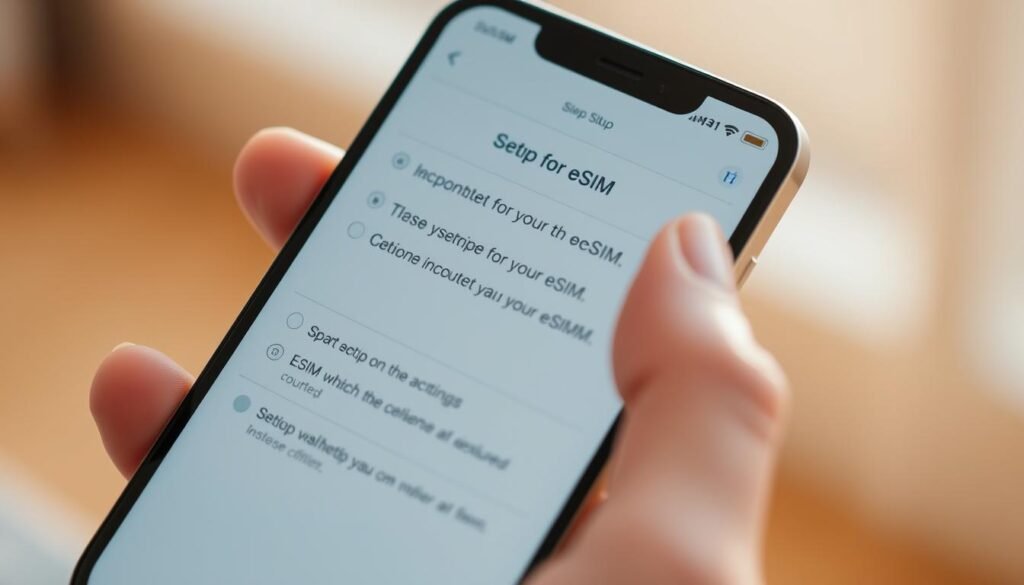 A close-up shot of a hand holding a smartphone, the screen displaying the setup process for an eSIM. The interface shows clear step-by-step instructions with intuitive icons and clean typography. The background is blurred, keeping the focus on the smartphone display. Warm, natural lighting illuminates the scene, creating a sense of ease and accessibility. The composition emphasizes the simplicity and user-friendliness of the eSIM installation, reflecting the "Saily eSIM: اتصال دولي بسهولة وسرعة" theme.