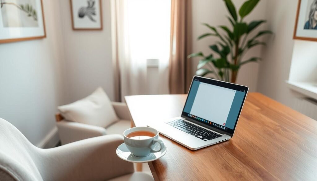 A cozy and inviting study space with a comfortable chair, a laptop, and a cup of warm tea on a wooden desk. Soft natural lighting filters through the window, creating a serene and productive atmosphere. The walls are adorned with minimalist art, and a plant in the corner adds a touch of greenery. The scene conveys a sense of focus and ease, reflecting the user's positive experience with the online tutoring platform, AmazingTalker.