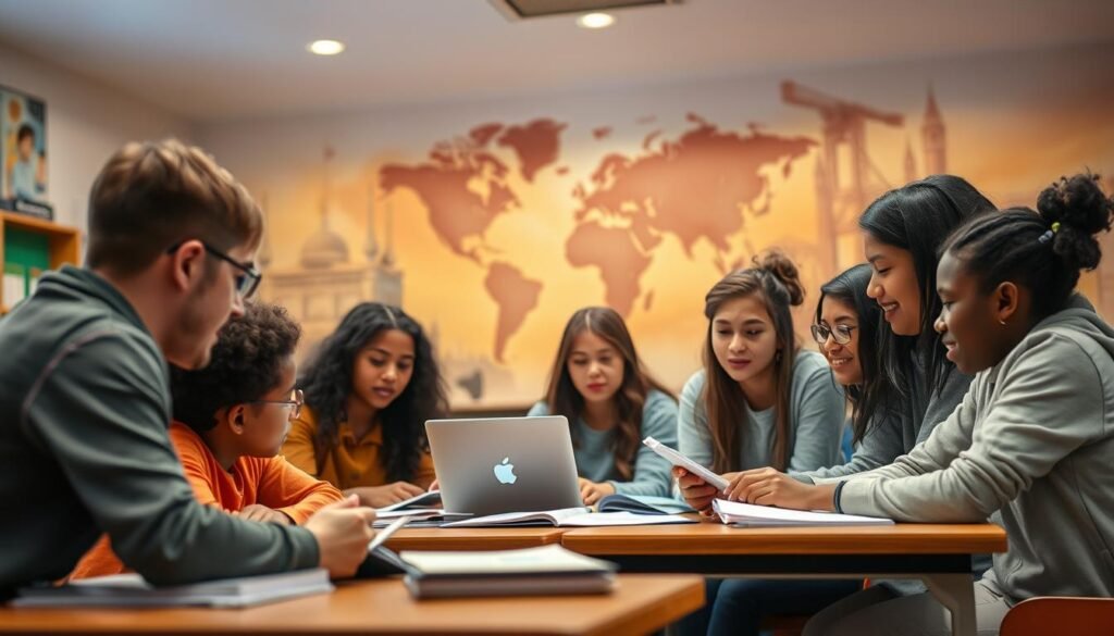A cozy classroom setting with a group of diverse students engaged in focused learning. The foreground features a teacher guiding them, their expressions rapt with attention. The middle ground showcases an array of educational materials, from textbooks to laptops, creating an atmosphere of productive collaboration. In the background, a vibrant, warm-toned mural depicting various global landmarks symbolizes the broader world of knowledge. Soft, diffused lighting casts a gentle glow, evoking a sense of comfort and intellectual stimulation. The overall scene conveys the essence of personalized instruction and the enriching experience of small group learning.