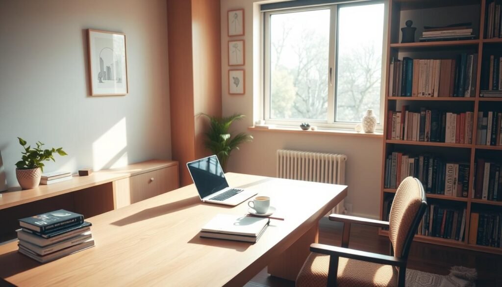 A cozy study room with a large desk, bookshelves, and a comfortable chair. Warm natural lighting filters in through a window, casting a soft glow on the space. On the desk, a laptop, a stack of books, and a cup of tea suggest a focused, dedicated learning environment. The room's decor is minimalist yet inviting, with clean lines and muted earth tones. An air of quiet contemplation and intellectual pursuit permeates the scene, creating an atmosphere conducive to specialized, personalized lessons.