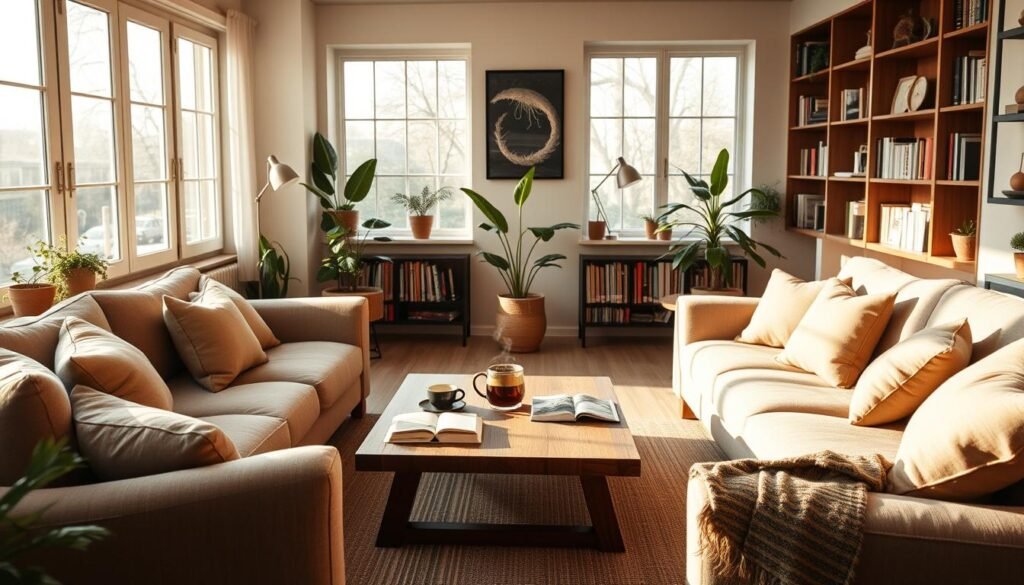 A cozy, well-lit living room with plush couches and cushions arranged in a semi-circle, inviting guests to settle in for a warm, engaging discussion. Soft, natural light filters in through large windows, casting a serene glow over the space. A minimalist wooden coffee table sits in the center, adorned with a few scattered books and a steaming cup of tea. The walls are lined with bookshelves, hinting at the intellectual atmosphere. Plants and potted greenery add pops of life, while muted earthy tones create a calming, refined ambiance. The overall scene exudes a sense of comfort, mindfulness, and personal growth.