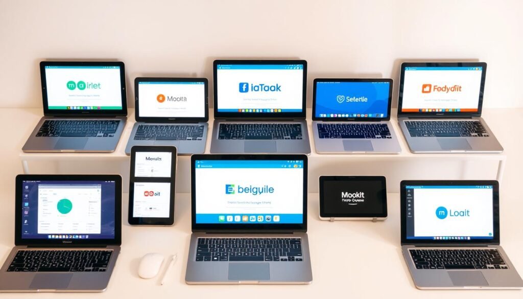 A detailed comparison of various online language learning platforms, showcasing their unique features and capabilities. The scene depicts a clean, minimalist workspace with several tablet devices and laptops arranged in a grid layout, each displaying the logos and interfaces of different language learning apps. The lighting is soft and diffused, creating a warm, inviting atmosphere. The background is a plain, neutral color, allowing the focus to remain on the digital devices and their content. The overall composition conveys a sense of organization, efficiency, and a comprehensive overview of the language learning ecosystem.