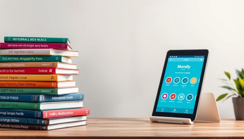 A detailed illustration of the cost of learning languages using Mondly, a language learning platform. The foreground features a stack of colorful language textbooks, representing the varied options available. The middle ground showcases a tablet displaying the Mondly app interface, highlighting its digital learning experience. The background depicts a tranquil, minimalist setting with soft lighting, conveying a sense of focus and efficiency. The overall mood is one of simplicity, accessibility, and the effortless path to mastering new languages through Mondly's affordable and comprehensive language courses.