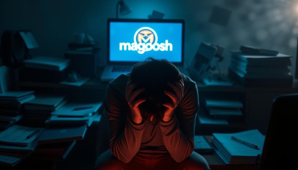 A dimly lit office space, with a laptop and various study materials scattered across a cluttered desk. The laptop screen displays a Magoosh logo, casting an eerie glow over the surroundings. In the foreground, a frustrated student sits hunched over, head in hands, expressing the burdens and drawbacks of relying too heavily on the Magoosh platform for USACAT preparation. The lighting is somber, creating deep shadows and a sense of disappointment. The background is hazy, suggesting the overwhelming nature of the situation. The overall scene conveys the potential negatives of overusing Magoosh, such as burnout, lack of personalized guidance, and the overwhelming nature of standardized test preparation.