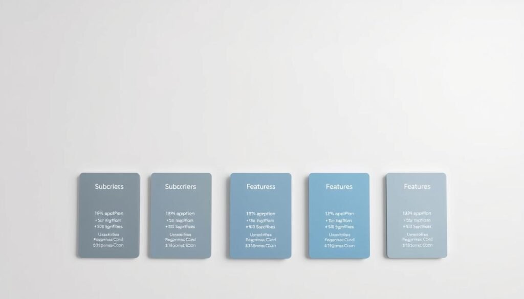 A high-contrast, evenly-lit overhead view of subscription plan options laid out on a neutral, minimalist background. In the foreground, a series of elegant, geometric shapes in shades of gray and blue represent different subscription tiers, each with distinct pricing and feature details subtly indicated. The middle ground showcases these plans in a clean, organized layout, allowing the viewer to easily compare and contrast the options. The background features a soft, out-of-focus gradient, creating a sense of depth and emphasis on the subscription plan details. The overall composition conveys a sense of professionalism, simplicity, and clarity to help the viewer understand the available subscription choices.