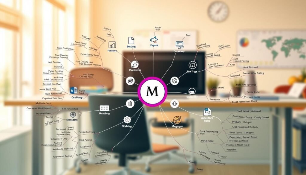 A high-resolution, detailed illustration showcasing the key features of MindManager software. In the foreground, a modern and visually striking mind map diagram fills the frame, its nodes and connections elegantly arranged. The map is rendered with a clean, minimalist aesthetic, using a vibrant, professional color palette. In the middle ground, a collection of icons and graphical elements representing MindManager's core functionalities - task management, collaboration, presentation tools, etc. - are displayed in an organized, eye-catching manner. The background features a softly blurred, professional office environment, with a desktop computer, stationery, and other work-related details, establishing a productive, business-oriented atmosphere. The overall scene is lit by warm, natural lighting, creating a sense of clarity and focus.