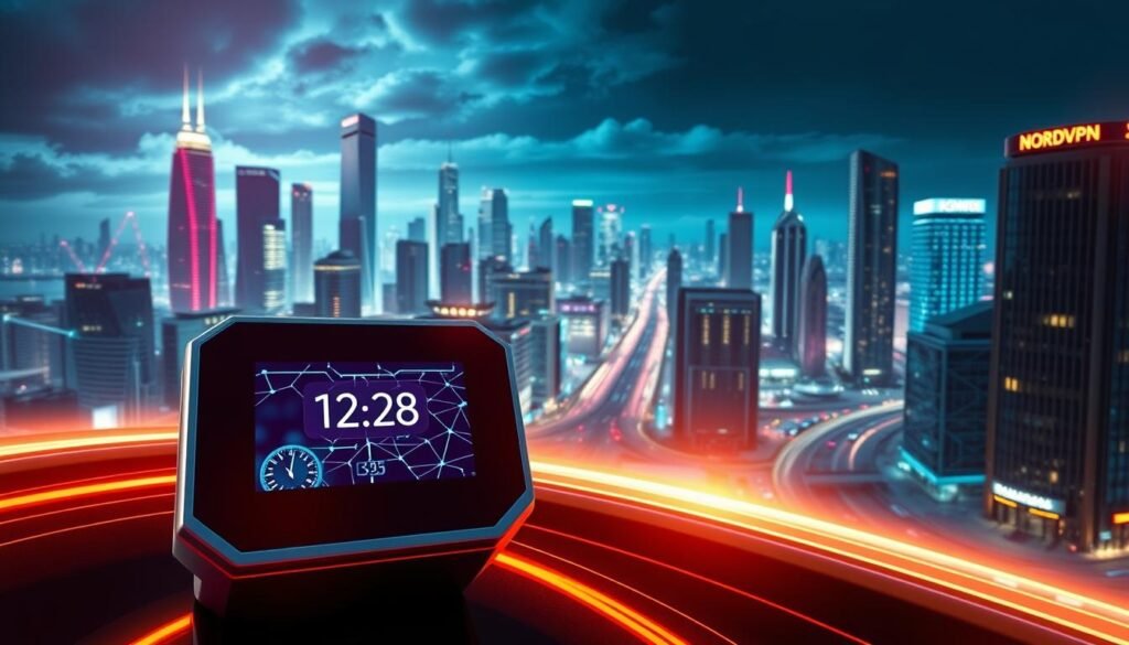 A high-speed internet connection with NordVPN as the protagonist, showcased against a vibrant, futuristic cityscape. The foreground depicts a sleek, futuristic device, its screen displaying lightning-fast network speeds. The middle ground features a network of interconnected servers, their data flows represented by glowing lines and geometric patterns. In the background, a metropolis of towering skyscrapers and neon-lit streets, conveying a sense of technological advancement and urban dynamism. Dramatic lighting casts long shadows, creating a sense of depth and drama. The overall mood is one of power, efficiency, and cutting-edge technology, reflecting the high-speed capabilities of NordVPN.