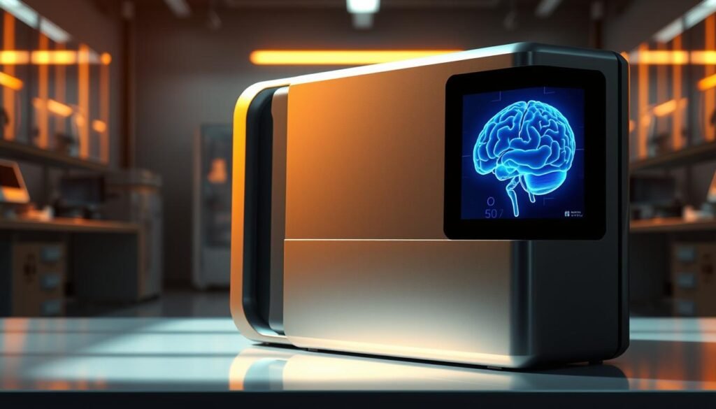 A highly detailed digital illustration of a sleek, modern device called "NeuroVizr". The device is shown in the foreground, rendered with a clean, minimalist aesthetic. The body is composed of smooth, metallic panels in shades of silver and gunmetal gray, with subtle curves and angles that suggest advanced engineering. The front panel features a large, high-resolution display that dominates the composition. The display shows an intricate, holographic-like visualization of a human brain, rendered in vivid hues of blue, purple, and white. The background is a dimly lit, high-tech laboratory setting, with blurred equipment and workstations visible in the distance, creating a sense of scale and context. Warm, directional lighting illuminates the device, casting dramatic shadows and highlights that accentuate its sleek, sophisticated design.