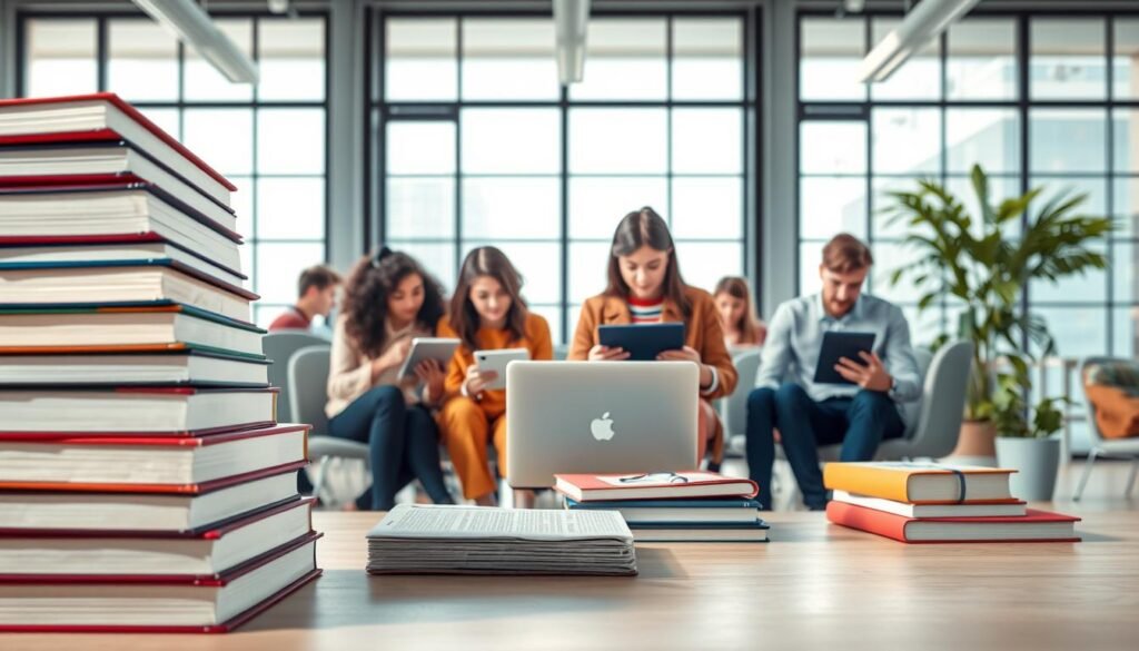 A highly detailed, professional-looking digital illustration of online courses. In the foreground, a stack of books and laptops representing various educational resources. In the middle ground, a group of diverse students studying intently, using tablets and note-taking materials. In the background, a clean, modern office environment with large windows, conveying a sense of focus and productivity. The lighting is soft and natural, with a warm, inviting color palette. The overall composition and attention to detail evokes a high-quality, online learning experience.