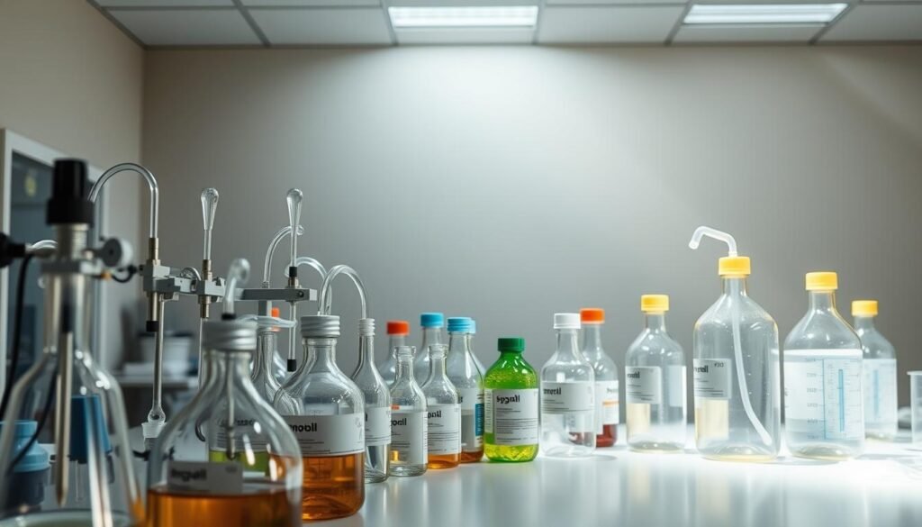 A laboratory setting with a well-equipped chemical workstation. The foreground features an array of labeled, neatly organized glassware, pipettes, and other scientific apparatus. Subtle highlights and reflections on the glass surfaces convey a sense of precision and care. The middle ground showcases a series of chemical bottles in various sizes and colors, their labels clearly visible. Overhead, a bright, diffused lighting casts an even, professional illumination across the scene. In the background, a neutral, clean-lined laboratory backdrop with subtle textures evokes a modern, well-maintained facility dedicated to the safe handling and experimentation of chemical materials. An atmosphere of diligence, safety, and scientific rigor permeates the image.