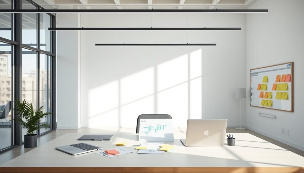 A minimalist, modern office interior with a large desk, a laptop, and various project management tools. The space is flooded with natural light from floor-to-ceiling windows, creating a serene and productive atmosphere. On the desk, there are sticky notes, a Gantt chart, and a Kanban board, all elements that symbolize the process of project management. The background features a clean, white wall with a subtle geometric pattern, adding a touch of sophistication. The overall scene conveys a sense of organization, efficiency, and a focus on task-oriented work.