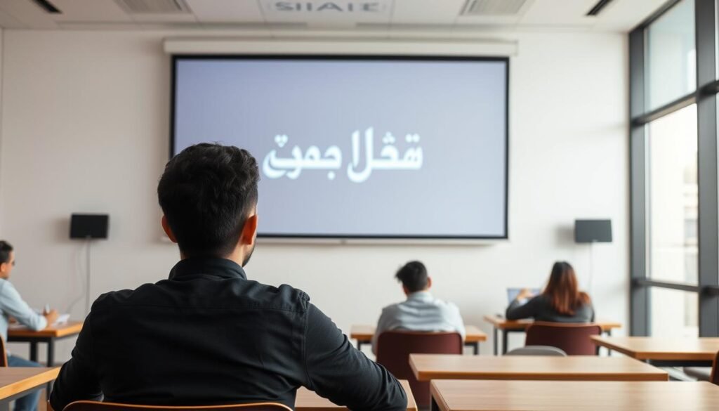 A modern classroom setting with a large projection screen displaying "الدروس عبر الفيديو" in Arabic calligraphy. The room is well-lit, with soft natural lighting filtering in through large windows. In the foreground, a student is seated at a desk, intently watching the video lecture. The background features a few other students engaged in individual study or discussion. The overall atmosphere is one of focused learning and academic diligence, reflecting the importance of video-based instruction for exam preparation.