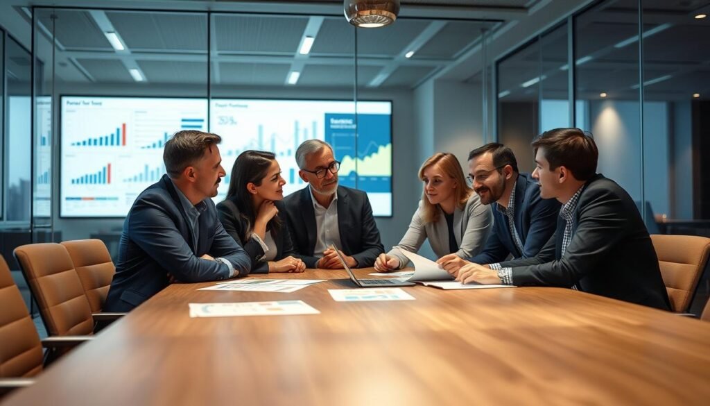 A modern office setting with a glass-walled conference room. Inside, a group of experts in business management and productivity software are gathered around a sleek wooden table, deep in discussion. Soft, directional lighting illuminates their faces, creating an atmosphere of thoughtful deliberation. The experts' expressions range from contemplative to animated as they review detailed reports and charts projected onto the large screen behind them. The background is blurred, drawing the viewer's focus to the insightful discussion unfolding in the foreground.