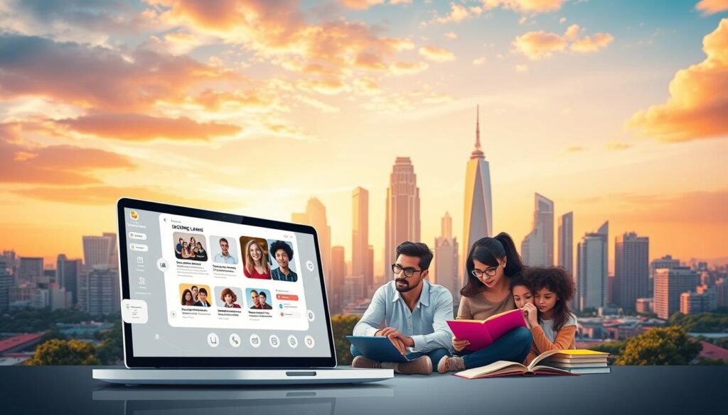 A modern, sleek online learning platform against a backdrop of a vibrant, dynamic cityscape. In the foreground, a stylized illustration of a laptop screen displaying interactive course content, surrounded by icons and UI elements that evoke the user-friendly experience. The middle ground features a group of diverse learners engaged in study, their expressions focused and determined. In the background, a skyline of futuristic, glass-and-steel buildings bathed in warm, golden light, symbolizing the boundless possibilities of digital education. The overall composition conveys a sense of innovation, accessibility, and the transformative power of online learning.