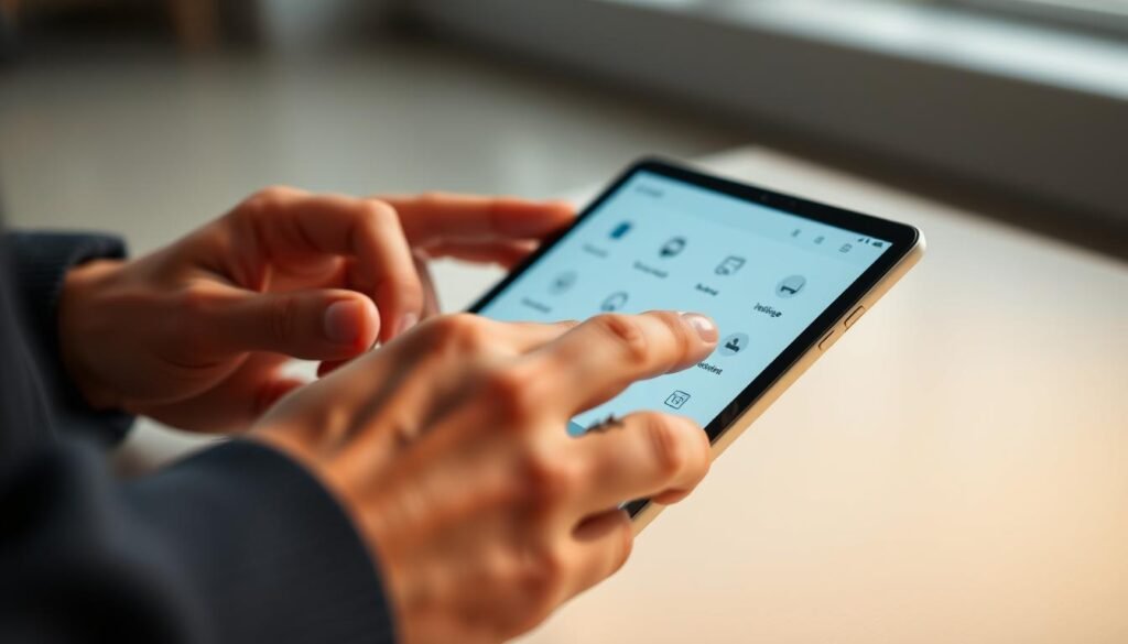 A person intuitively navigating through a sleek, modern app interface on a high-resolution touchscreen device. The foreground features the user's hands and the app's intuitive layout, with clean icons, smooth animations, and an uncluttered design. The middle ground showcases the device itself, a premium-looking smartphone or tablet with a minimalist aesthetic. The background blurs out, emphasizing the focus on the user experience. Soft, diffused lighting creates a warm, inviting atmosphere, while subtle reflections on the screen add depth and realism. The overall scene conveys a sense of effortless productivity and seamless interaction between the user and the app.