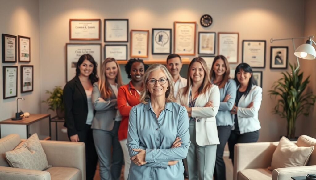 A professional and competent counseling team stands in a warm, inviting office setting. The counselors, diverse in age and background, exude a sense of empathy and expertise. Soft lighting casts a comforting glow, while modern furniture and decor create an atmosphere of trust and professionalism. In the background, diplomas, certifications, and accolades adorn the walls, showcasing the impressive qualifications of the practitioners. The scene conveys a harmonious blend of clinical competence and caring, promising the highest level of personalized support for those seeking online therapy. A professional and competent counseling team stands in a warm, inviting office setting. The counselors, diverse in age and background, exude a sense of empathy and expertise. Soft lighting casts a comforting glow, while modern furniture and decor create an atmosphere of trust and professionalism. In the background, diplomas, certifications, and accolades adorn the walls, showcasing the impressive qualifications of the practitioners. The scene conveys a harmonious blend of clinical competence and caring, promising the highest level of personalized support for those seeking online therapy.