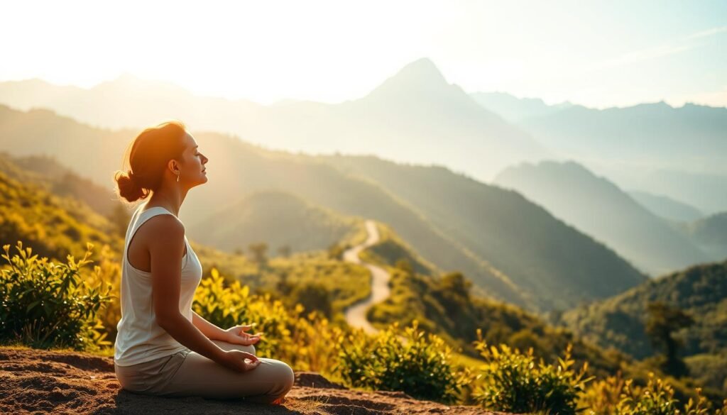 A serene and introspective journey of personal growth, bathed in a warm, golden light. In the foreground, a figure sits in a meditative pose, eyes closed, radiating an aura of calm and focus. The middle ground features a winding path leading deeper into a lush, verdant landscape, symbolizing the unfolding of one's personal development. In the background, a majestic mountain range stands tall, conveying a sense of inspiration and the boundless potential for transformation. The scene evokes a harmonious blend of introspection, nature, and the promise of a transformative journey ahead.