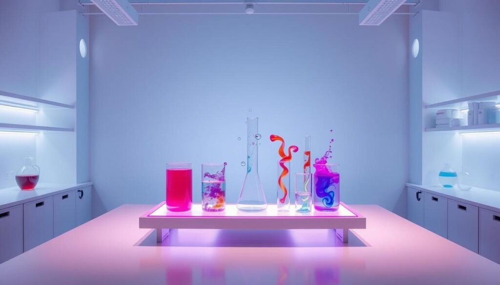 A serene laboratory setting with a central desk showcasing an intricate Liquiosity experiment. The desk is illuminated by a soft, diffused lighting, creating a warm and inviting atmosphere. Delicate glass beakers and tubes filled with vibrant, swirling liquids take center stage, surrounded by a minimalist, white-toned backdrop that allows the experiment to be the focal point. The scene conveys a sense of scientific wonder and discovery, inviting the viewer to engage with the captivating MEL Science experience.