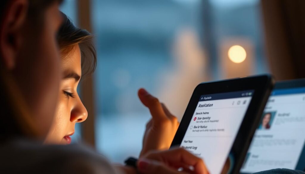 A serene mobile application interface with a warm, inviting atmosphere. In the foreground, a student is deeply engaged in an English language lesson, their face illuminated by the soft glow of the tablet screen. The middle ground features a clean, minimalist design with intuitive navigation buttons and a progress tracker. The background showcases a blurred, tranquil landscape, conveying a sense of relaxation and focus. The lighting is balanced, creating a cozy, productive ambiance. The camera angle is slightly elevated, giving a bird's-eye view of the user's experience with the educational app.
