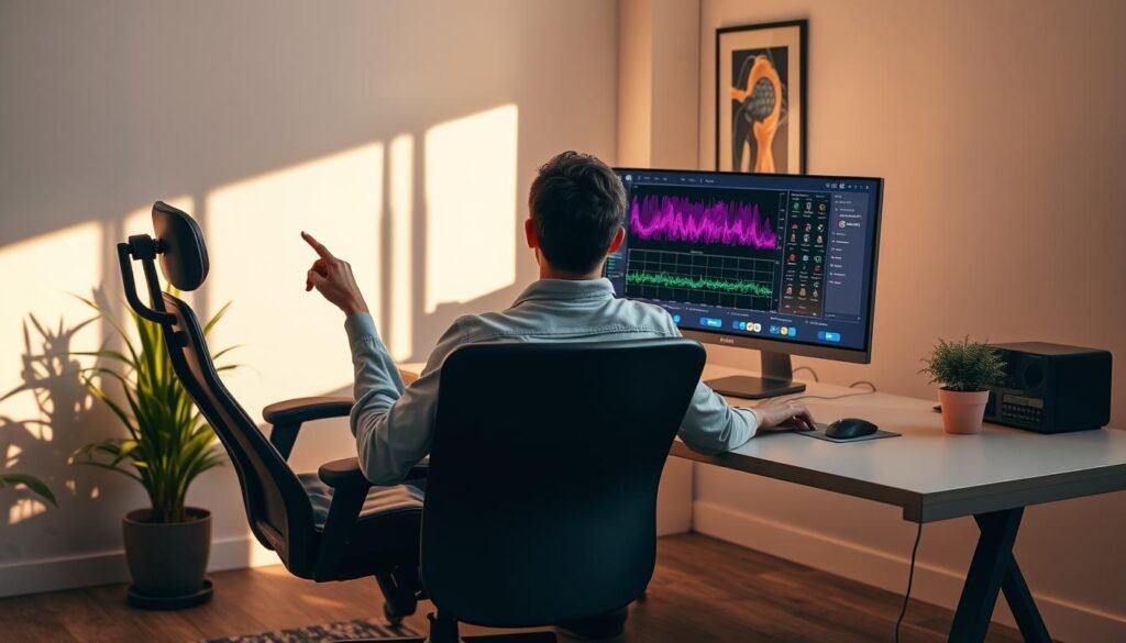 A serene office scene with a person sitting comfortably in an ergonomic chair, deep in thought while reviewing NeuroVizr's user interface displayed on a sleek, high-resolution monitor. Warm, natural lighting illuminates the space, creating a calming ambiance. The desk is neatly organized, with a keyboard, mouse, and a thoughtfully placed plant adding a touch of greenery. The background features minimalist decor, allowing the focus to remain on the user's interaction with the NeuroVizr software. The overall composition conveys a sense of productivity, focus, and the user's ability to choose the optimal session settings for their needs.