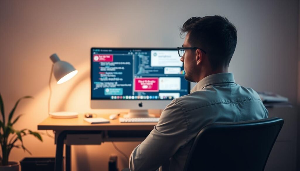 A serene office setting with a desk, chair, and computer. In the foreground, a user sits contemplatively, facing a screen displaying various challenges - technical issues, software bugs, and interface difficulties. The background shows a cluttered desktop, metaphorically representing the user's scattered thoughts and frustrations. Soft, diffused lighting creates a pensive atmosphere, emphasizing the user's expression of concern. The scene conveys the struggles and complexities faced by users navigating software applications, inviting empathy and understanding.