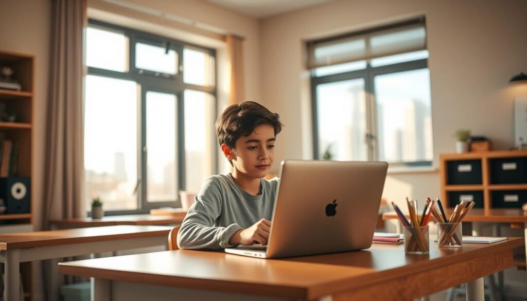 A serene, well-lit classroom setting with a student sitting at a wooden desk, immersed in their online learning experience on a Preply platform. The room is bathed in warm, natural light filtering through large windows, creating a cozy and inviting atmosphere. The student's face is focused, their expression one of engaged learning, surrounded by neatly organized school supplies and a modern, minimalist interior design. In the background, a soft, blurred view of the city skyline can be seen, hinting at the flexibility and convenience of remote learning. The overall scene conveys a sense of productive, comfortable, and rewarding educational experience with Preply.