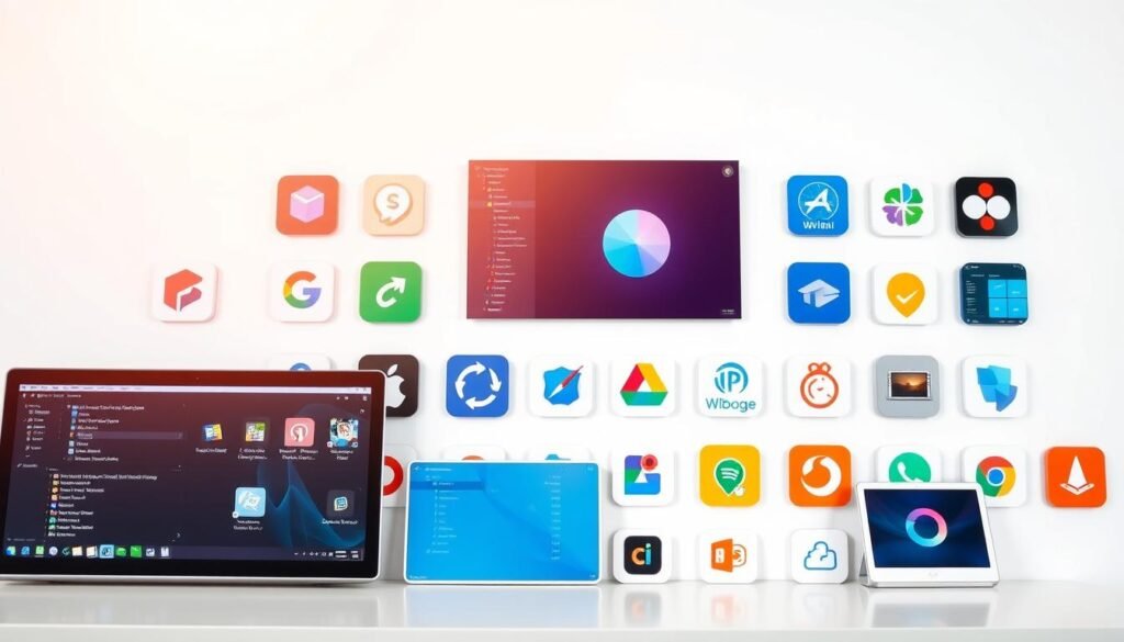 A sleek and modern collection of software applications displayed on a minimalist white backdrop, captured through a clean and professional lens. The applications are arranged in a grid-like pattern, showcasing their distinct icons and interfaces. Warm, natural lighting illuminates the scene, creating a sense of clarity and simplicity. The overall composition conveys a sense of organization, efficiency, and the seamless integration of various digital tools. The image aims to visually represent the key features and capabilities of the SetApp application management solution.