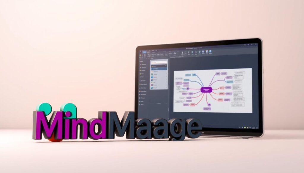 A sleek and modern illustration of the MindManager software, showcasing its intuitive user interface and powerful mind mapping capabilities. Set against a minimalist backdrop, the MindManager logo takes center stage, rendered in vivid colors and clean lines. The foreground features a detailed representation of the software's main window, highlighting its intuitive layout, intuitive icons, and seamless navigation. The middle ground showcases a sample mind map, demonstrating the program's ability to visually organize and structure ideas. The background is a soft, neutral gradient, creating a sense of depth and focus on the software's core features. Lighting is soft and diffused, giving the image a warm, professional tone that aligns with the subject matter.