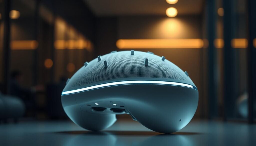 A sleek, futuristic brain health device with a minimalist design. The device features a smooth, curved casing in a neutral tone, with subtle accents of chrome or metallic highlights. The device's surface is dotted with an array of sensors and monitoring components, giving it a high-tech, medical aesthetic. It is positioned against a backdrop of a dimly lit, modern interior, with soft, ambient lighting casting a warm glow. The device is the focal point, conveying a sense of innovation, precision, and advanced technology dedicated to understanding and enhancing brain health.