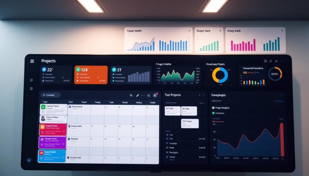 A sleek, modern dashboard with a clean, minimalist design. The foreground features a grid of colorful task cards, each with a concise title and progress indicator. The middle ground showcases a calendar view, allowing easy scheduling and visualization of tasks. In the background, a series of charts and graphs provide at-a-glance insights into project performance metrics. Subtle lighting from above casts a warm, professional glow across the entire scene. The overall mood is one of efficiency, organization, and productivity, perfect for managing projects with Nifty.