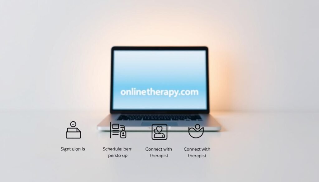A step-by-step guide for getting started with online-therapy.com, presented in a clean, minimalist style. The foreground depicts a series of simple, hand-drawn icons representing the key steps - from signing up, to scheduling a session, to connecting with a therapist. The middle ground showcases a laptop or tablet screen displaying the online-therapy.com platform, with a soft, warm lighting illuminating the scene. The background features a soothing, neutral-toned gradient, creating a calming, professional atmosphere. The overall composition conveys a sense of approachability, guidance, and the ease of accessing online mental health resources.