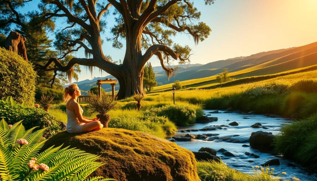 A tranquil garden scene bathed in warm, golden afternoon light. In the foreground, a person sits cross-legged on a plush, moss-covered rock, eyes closed in deep meditation. Lush, verdant ferns and flowering bushes surround them, creating a sense of serene seclusion. The middle ground features a gently flowing stream, its crystal-clear waters reflecting the azure sky above. Towering, ancient trees line the riverbanks, their branches casting dappled shadows across the scene. In the distance, rolling hills dotted with wildflowers stretch out towards the horizon, conveying a profound sense of peace and balance. The overall atmosphere is one of profound mental and physical relaxation, evoking a state of profound mindfulness and well-being.