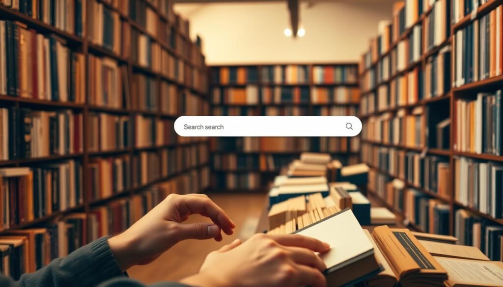 A user-friendly online bookstore with a clean, modern interface. In the foreground, a person effortlessly browsing through a vast selection of used books, their fingers gently caressing the worn covers. The middle ground showcases a seamless search function, allowing the user to easily navigate the extensive inventory. In the background, bookshelves stretch out, filled with a diverse array of titles, creating a sense of exploration and discovery. Warm, diffused lighting sets a cozy, inviting atmosphere, encouraging the user to linger and immerse themselves in the joy of finding their next literary treasure.